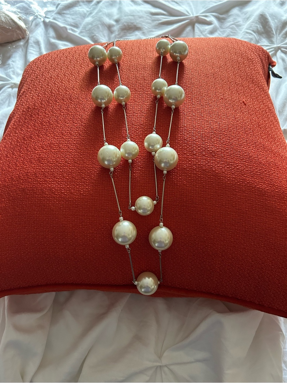 Ivory Faux Pearl Station Necklace - Double Strand